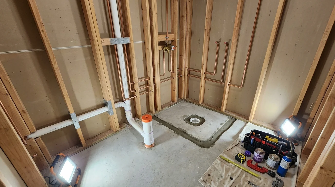 Bathroom rough-in plumbing during remodel by Johns Plumbing LLC in Crimora