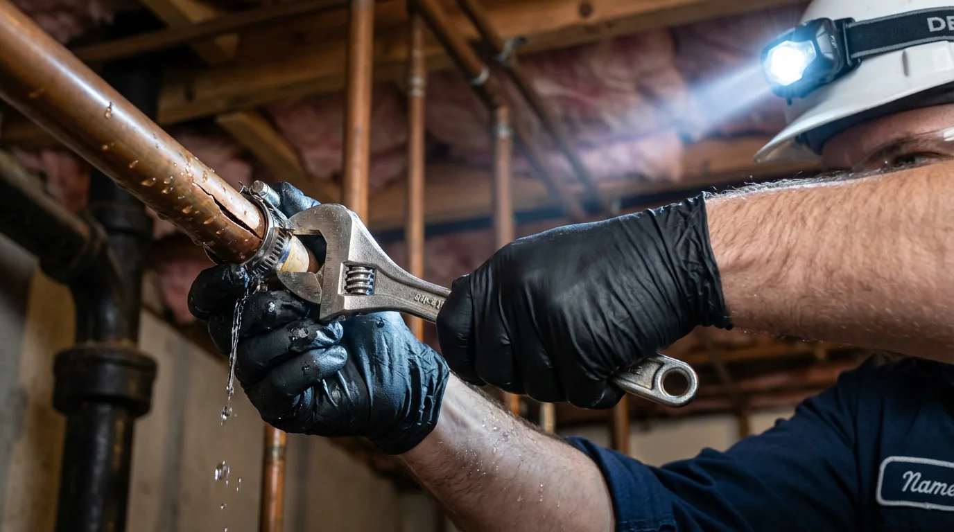 Emergency pipe clamp repair being performed by a Johns Plumbing LLC plumber in Crimora