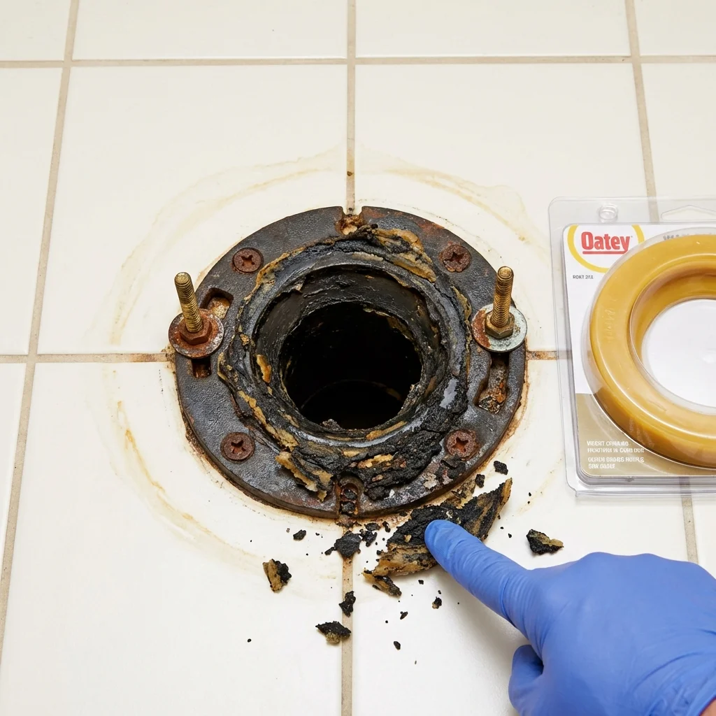 Failed wax ring showing water seepage at the base of a toilet in a Crimora, VA home
