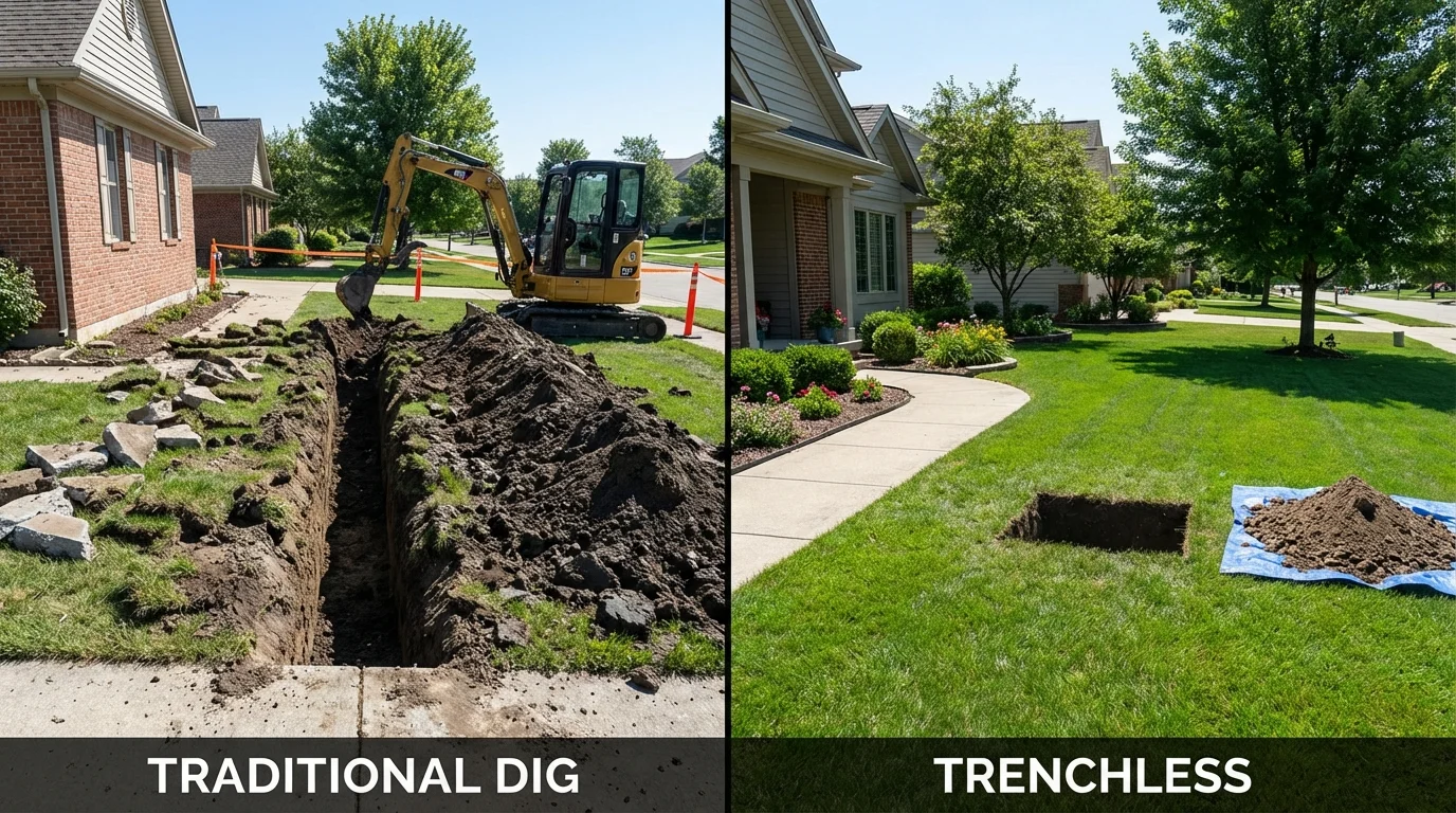 Trenchless sewer repair with minimal yard damage versus traditional excavation in Crimora, VA