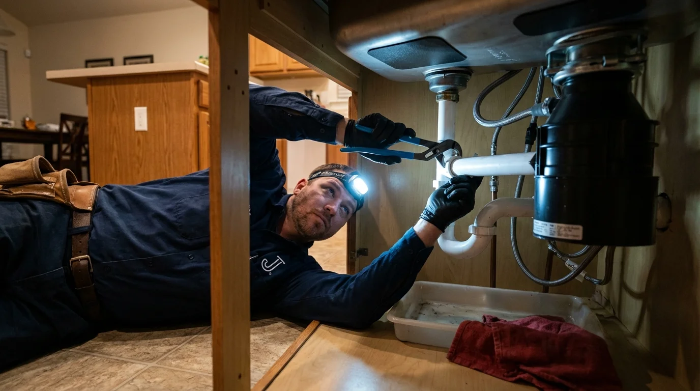 P-trap and supply line connections under a kitchen sink showing a common leak point in Crimora, VA
